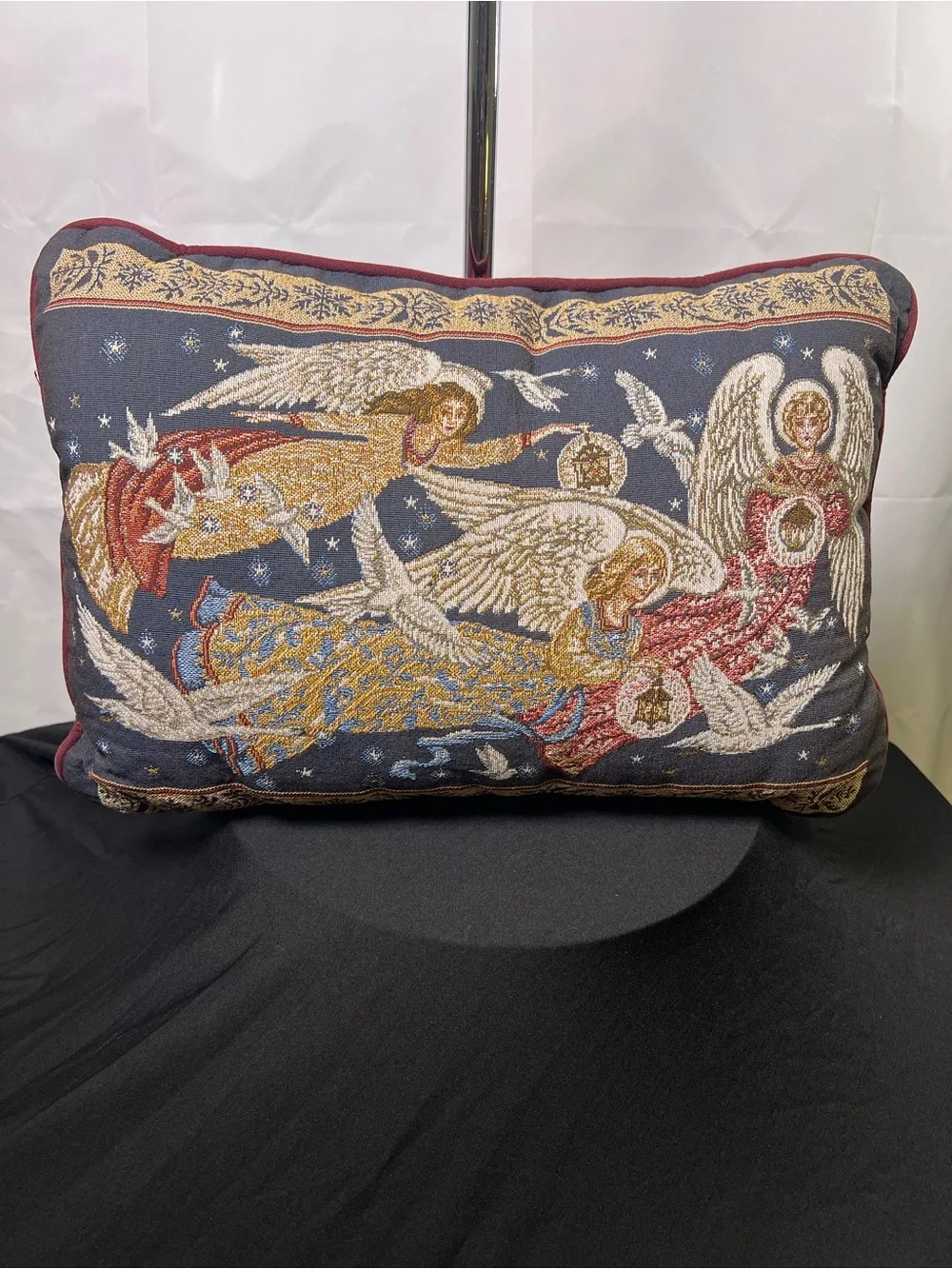 Vintage Christmas Angels Tapestry  Pillow 18x12 Silver Metallic Accents Woven